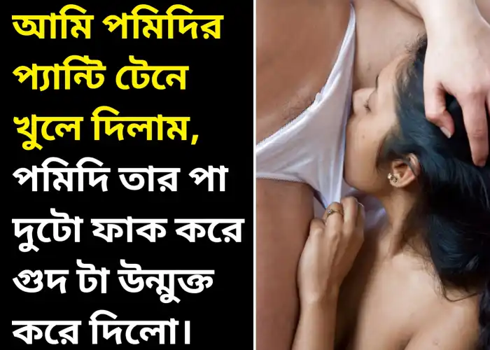 আমি পমিদির প্যান্টি টেনে খুলে দিলাম, পমিদি তার পা দুটো ফাক করে গুদ টা উন্মুক্ত করে দিলো। ৬৯ পজিশনে গুদ চাটার লেসবিয়ান চটি